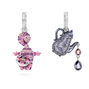 Zdjęcie produktu Długie kolczyki Alice in Wonderland, Wzór asymetryczny, Kot i dzbanek do herbaty, Różnokolorowe, Powłoka z rodu Swarovski