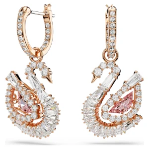 Długie kolczyki Swan, Oprawa brukowa, Łabędź, Różowe Swarovski