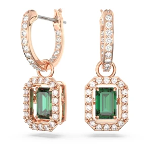 Długie kolczyki Una, Szlif ośmiokątny, Zielone, Powłoka w odcieniu różowego złota Swarovski
