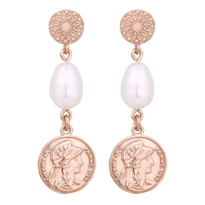 Długie kolczyki z różowego złota z monetami i perłami SWAROVSKI® CRYSTAL SOTHO