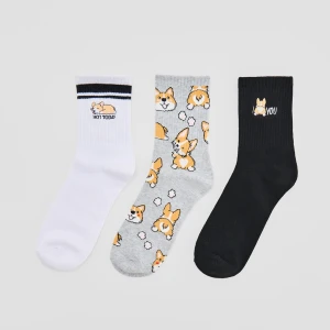Długie skarpetki z motywem psa rasy corgi 3-pak House