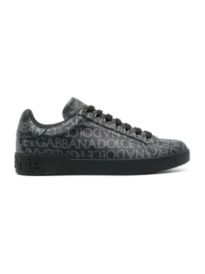 Dolce & Gabbana, Czarne Portofino Logo Sneakersy Black, male,