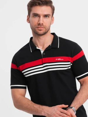 Dopasowana męska koszulka polo z dwukolorowymi pasami – czarna V2 Ombre Clothing