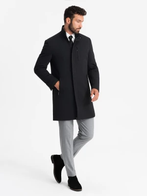 Dopasowany strukturalny męski płaszcz z wysokim kołnierzem – czarny V1 - Rozmiar: M Ombre Clothing