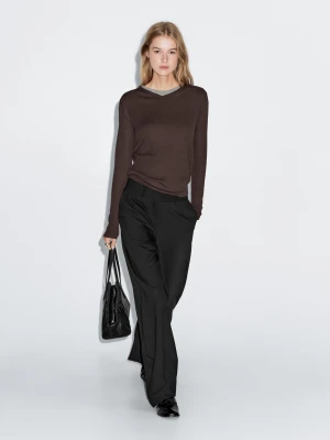 Double Collar Cotton Blend T-Shirt - Brązowy - - Massimo Dutti - Female