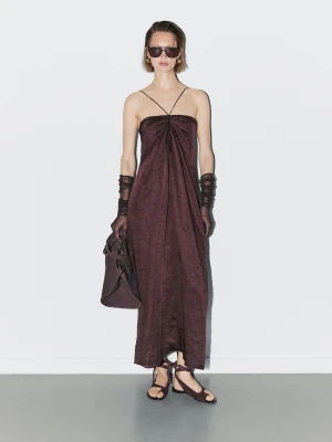 Drapowana Satynowa Sukienka Średniej Długości - Studio - Bordowy - - Massimo Dutti - Kobieta