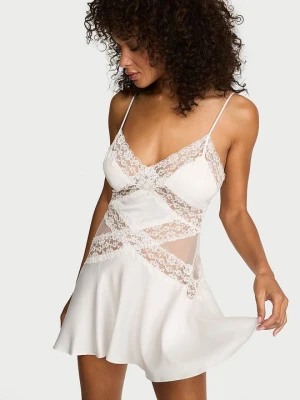Dream Angels Koszulka nocna satynowa z koronką Lace and Satin Flounce Slip Victoria's Secret Biały