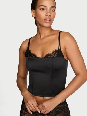 Dream Angels Top gorsetowy satynowy z koronką Victoria's Secret Czarny