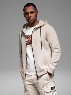 Dresowa rozpinana bluza hoodie w stylu streetwearowym – piaskowa V6 - Rozmiar: S Ombre Clothing