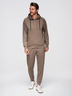Dresowy komplet męski set bluza rozpinana z kapturem + spodnie dresowe joggery - szarobrązowy V3 - Rozmiar: L Ombre Clothing