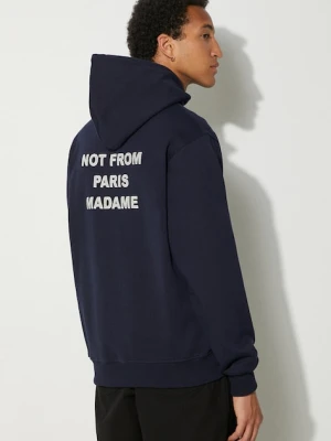 Drôle de Monsieur bluza bawełniana Le Hoodie Slogan męska kolor granatowy z kapturem z nadrukiem PERM-HO162-CO127-NY