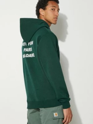 Drôle de Monsieur bluza bawełniana Le Hoodie Slogan męska kolor zielony z kapturem z nadrukiem PERM-HO162-CO127-DGN