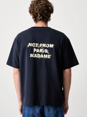 Drôle de Monsieur T-shirt męski bawełniany Vine Embroidered Slogan Drole de Monsieur granatowy