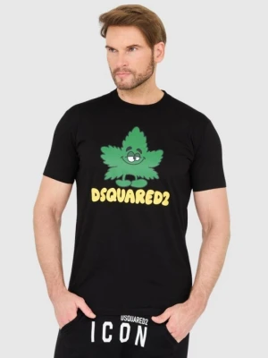 DSQUARED2 Czarny męski t-shirt z logo i zielonym liściem, Rozmiar M