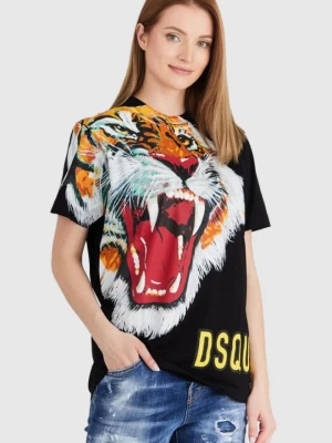 DSQUARED2 Czarny t-shirt damski z tygrysem, Rozmiar L