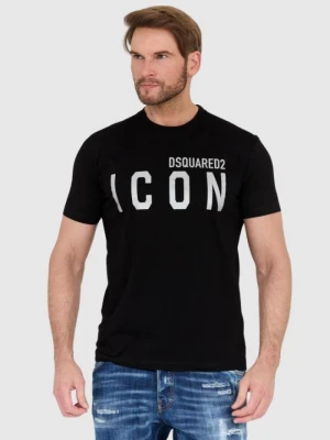 DSQUARED2 Czarny t-shirt męski ze srebrnym błyszczącym logo icon, Rozmiar M