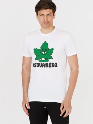 DSQUARED2 Męski biały t-shirt z zielonym liściem, Rozmiar XL