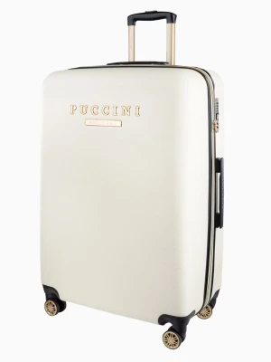 Duża biała walizka z eleganckim napisem  Puccini