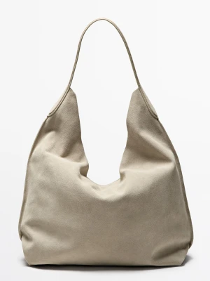 Duża Torba Na Ramię Ze Skóry Zamszowej - Ecru - Massimo Dutti - Female