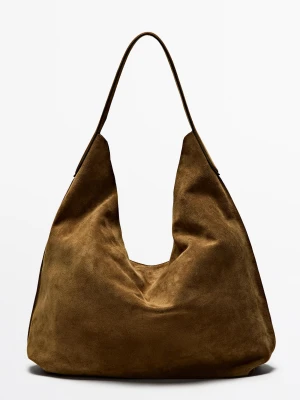 Duża Torba Na Ramię Ze Skóry Zamszowej - Zielony Khaki - Massimo Dutti - Female
