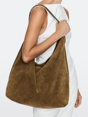 Duża Torba Na Ramię Ze Skóry Zamszowej - Zielony Khaki - Massimo Dutti - Female