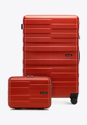 Duża walizka i kosmetyczka z polikarbonu w poziome pasy czerwone Wittchen
