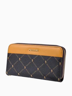 Duży brązowy portfel damski logowany ze skóry ekologicznej Puccini