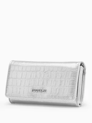 Duży portfel damski skóra ekologiczna o fakturze crocco w kolorze srebrnym Puccini