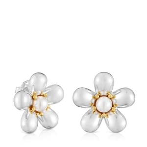 Dwukolorowe Kolczyki Z Motywem Kwiatu I Perłami Hodowlanymi O Wielkości 27 Mm Daisy - Tous Rozmiar