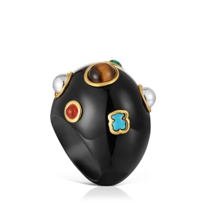 Dwukolorowy Pierścionek Z Czarnej Żywicy Z Kamieniami Szlachetnymi Tous Warm - Tous Rozmiar