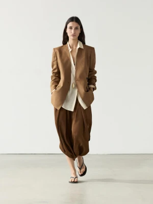 Dwurzędowa Marynarka Bez Klap Ze 100% Lnu - Wielbłądzi - - Massimo Dutti - Kobieta