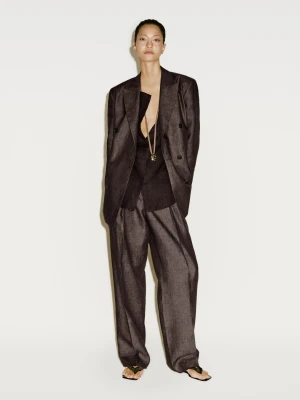 Dwurzędowa Melanżowa Marynarka Z Lnu − Limited Edition - Czekoladowy - - Massimo Dutti - Kobieta