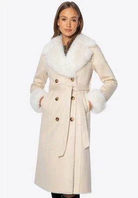 Dwurzędowy damski płaszcz z futrzanym kołnierzem kremowy Wittchen