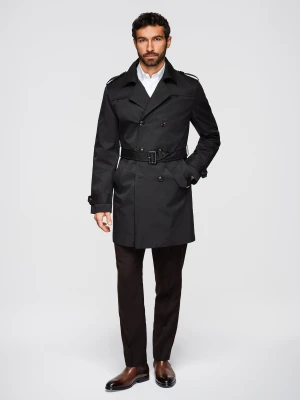 Dwurzędowy elegancki płaszcz męski trencz SLIM FIT z paskiem - czarny V2 Ombre Clothing