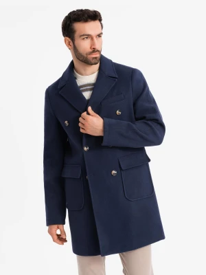 Dwurzędowy męski płaszcz z ozdobnymi guzikami – indygo V1 - Rozmiar: M Ombre Clothing