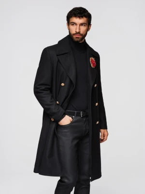 Dwurzędowy męski płaszcz z wełną z ozdobnymi aplikacjami – czarny V1 - Rozmiar: XL Ombre Clothing
