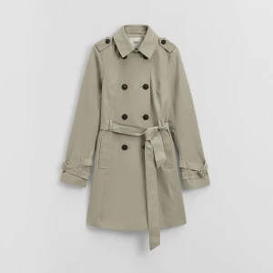 Dwurzędowy oliwkowy trencz z paskiem House