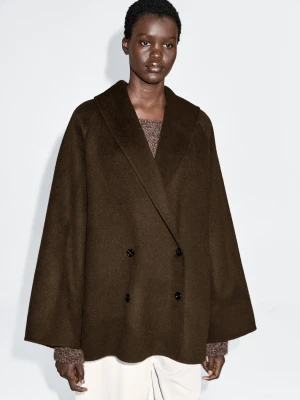 Dwurzędowy Płaszcz Z Mieszanki Wełny Z Kołnierzem Smokingowym - Szarawozielony - - Massimo Dutti - Kobieta