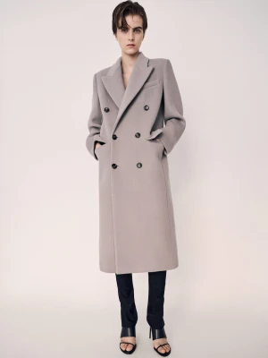 Dwurzędowy płaszcz z wełny średni brązowy - Kobieta - - MANGO