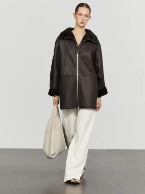Dwustronny Płaszcz Ze Skóry Z Futrem - Brązowy - Massimo Dutti - Female