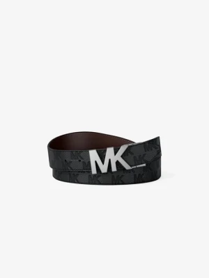 Dwustronny skórzany pasek ze sprzączką z wytłoczonym logo Empire Michael Kors brązowy