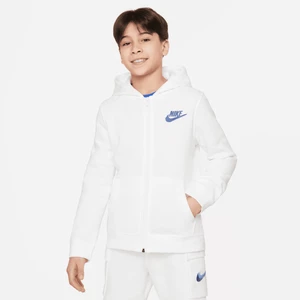 Dzianinowa bluza z kapturem, grafiką i zamkiem na całej długości dla dużych dzieci (chłopców) Nike Sportswear - Biel