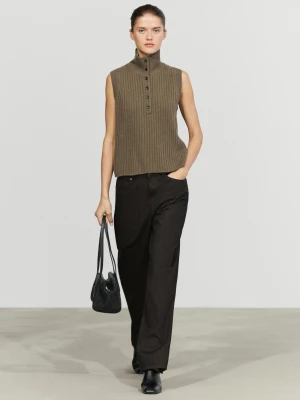 Dzianinowa Kamizelka Z Golfem Zapinanym Na Guziki - Beżowy - Massimo Dutti - Female