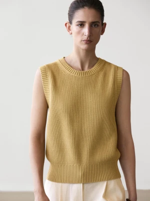 Dzianinowa Kamizelka Z Okrągłym Dekoltem Z Bawełny - Zielonkawy - - Massimo Dutti - Kobieta