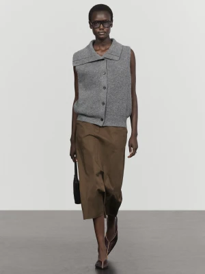 Dzianinowa Kamizelka Ze 100% Wełny Z Kołnierzem Kominowym - Ciemnoszary - Massimo Dutti - Female