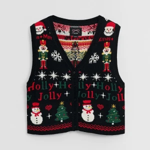 Dzianinowa kamizelka ze świątecznym wzorem czarna House