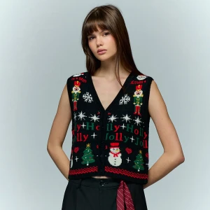 Dzianinowa kamizelka ze świątecznym wzorem czarna House