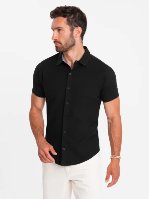 Dzianinowa koszula męska slim fit z krótkim rękawem i kołnierzykiem – czarna V4 - Rozmiar: S Ombre Clothing