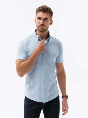 Dzianinowa koszula męska slim fit z krótkim rękawem i kołnierzykiem – niebieska V3 Ombre Clothing