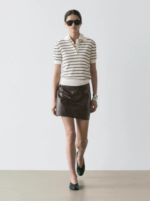 Dzianinowa Koszulka Polo W Paski Z Krótkim Rękawem - Surowy - - Massimo Dutti - Kobieta